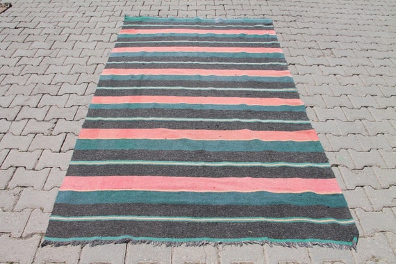 Striped Vintage Turkish Kilim Rug, Wool and Cotton (4.9 x 8.2 ft)