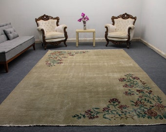 Vintage Oushak Wool Rug, Beige Floral Turkish Area Rug (6.8 x 10.0 ft)