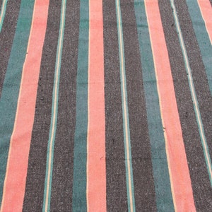 May include: Striped fabric with alternating bands of black, teal, and pink. The fabric has a woven texture.