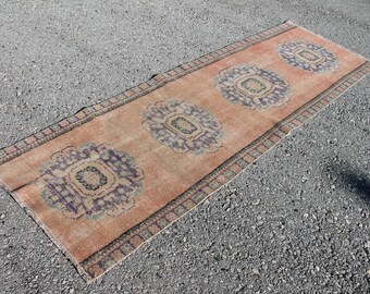 Vintage Turkish Rug Runner, Orange Oushak Style, Handmade Wool (2.6 x 7.3 ft)