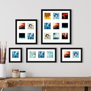 May include: A wall gallery featuring five black picture frames with white mats, each displaying a collage of colorful photographs. The frames are arranged in a staggered pattern, creating a visually appealing display.