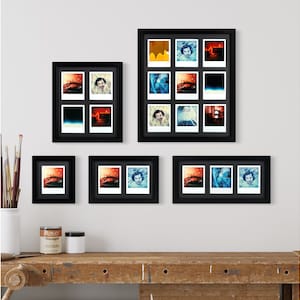 May include: A wall display of nine black framed photographs with different images in each frame. The images are of a person's face, a car, and a building. The frames are arranged in a grid pattern.