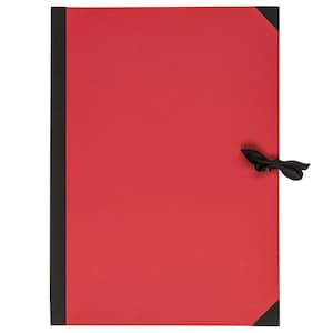 Könnte beinhalten: Eine rote Präsentationsmappe mit schwarzem Rücken und Eckakzenten. Auf der rechten Seite ist eine schwarze Schleife gebunden. Die Mappe ist für Dokumente und Papiere konzipiert.