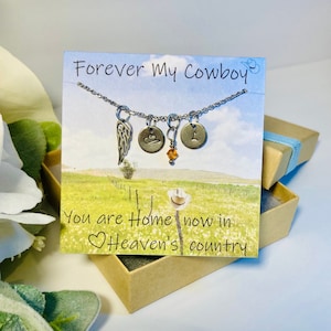 Forever My Cowboy, memorial necklace, angel wing necklace, grief gift, remembrance gift, birthstone, personalized