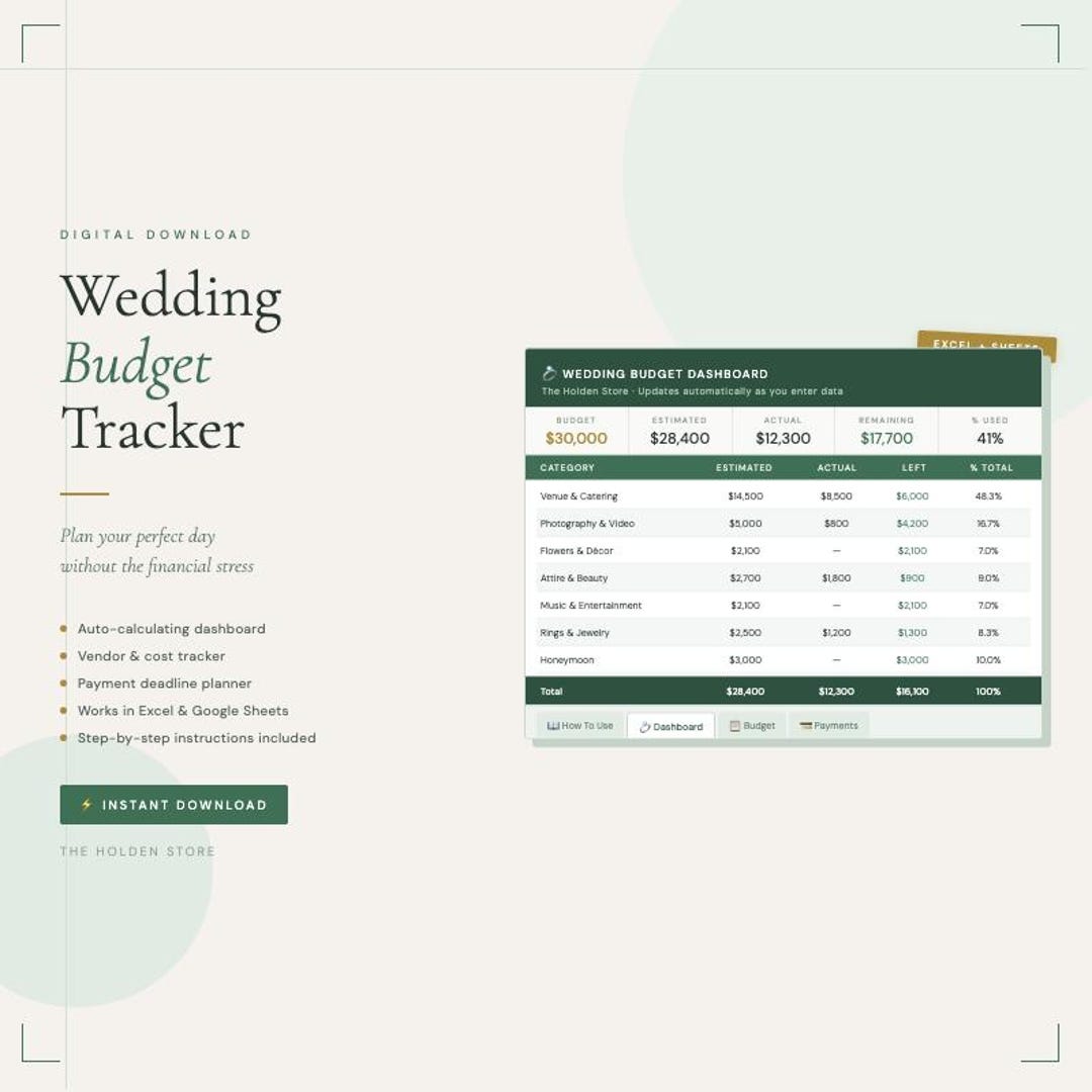 Wedding Budget Tracker Spreadsheet | Excel Google Sheets Planner ...