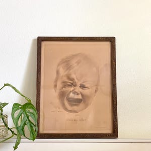 Vintage Crying Baby Print by Henry Hutt in Carved Wood Frame