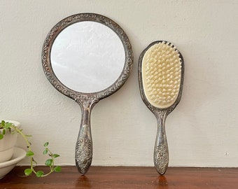 Vintage Vanity Hand Mirror and Brush Set, Ornate Repousse Silver Plated Vanity , Vintage Bedroom, Vintage Wedding Gift, Vintage Gift For Her