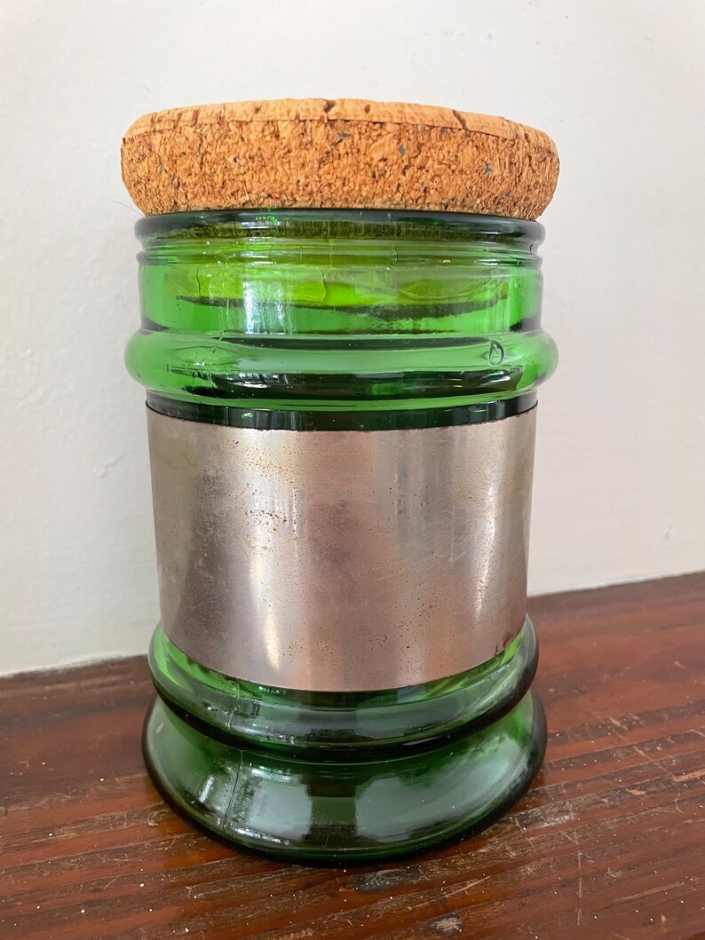 Vintage Green Glass Jar With Cork Lid and Metal Band Etsy