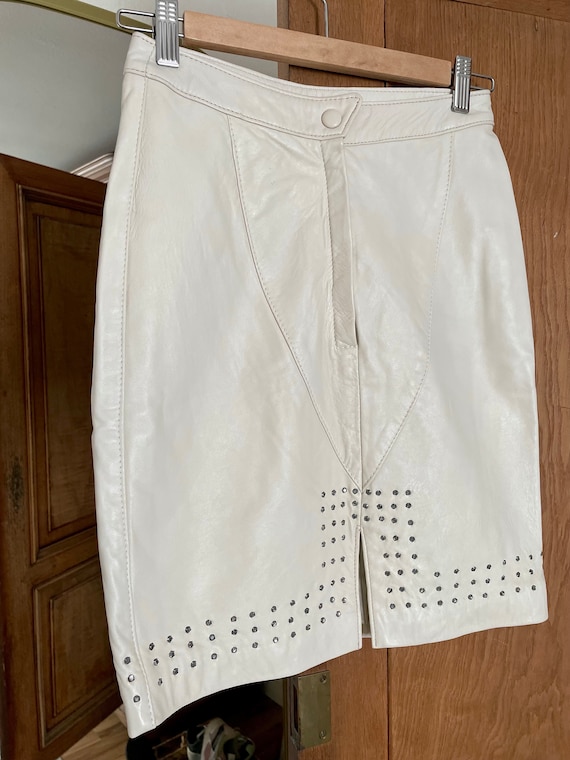 Vintage White Leather Skirt, New Wave Leather Skirt with