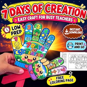 Könnte beinhalten: Ein handförmiges Papierbastelprojekt mit dem Titel 7 DAYS OF CREATION, nummerierten Fingern von 1 bis 5 und einem Daumenbereich mit 6 und 7. Das Design enthält Illustrationen von Natur, Tieren und Himmelskörpern sowie eine schwarz-weiße Malvorlage.