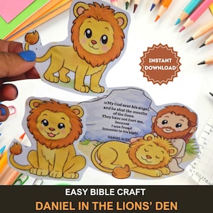 May include: A set of colorful paper cutouts featuring cartoon lions and a biblical scene. The lions are yellow with orange manes. Text includes "Instant Download", "Daniel in the Lions' Den", and a Bible verse.
