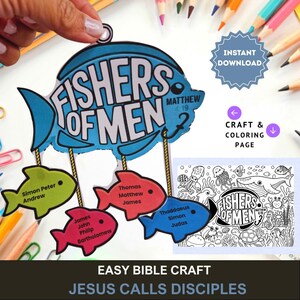 May include: A paper craft mobile featuring a large blue fish cutout with the text Fishers of Men Matthew 4:19, hanging from which are four smaller fish cutouts in green, red, and blue, each printed with names of biblical disciples.