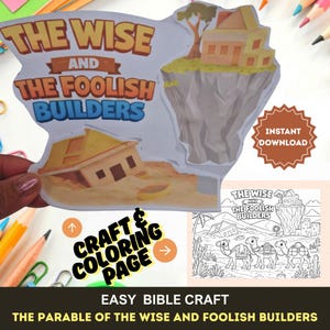 Può includere: Una pagina di artigianato e colorazione con il testo "The Wise and the Foolish Builders". L'immagine mostra due edifici, uno su una roccia e l'altro in rovina, con le parole "Download istantaneo" e "Easy Bible Craft".