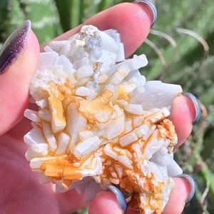 Peut inclure: Un amas de cristaux blancs et orange à la texture brute et naturelle. Les cristaux sont disposés de manière aléatoire et organique.