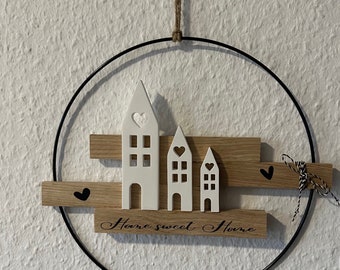 Metal ring with wooden blocks and light houses, wall decoration, gift idea