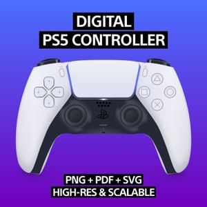 Może przedstawiać: Biały kontroler PlayStation 5 z czarnymi przyciskami i niebieskim paskiem świetlnym. Kontroler jest izolowany na fioletowym tle z gradientem. Tekst "DIGITAL PS5 CONTROLLER" znajduje się nad kontrolerem, a tekst "PNG + PDF + SVG HIGH-RES & SCALABLE" znajduje się pod kontrolerem.