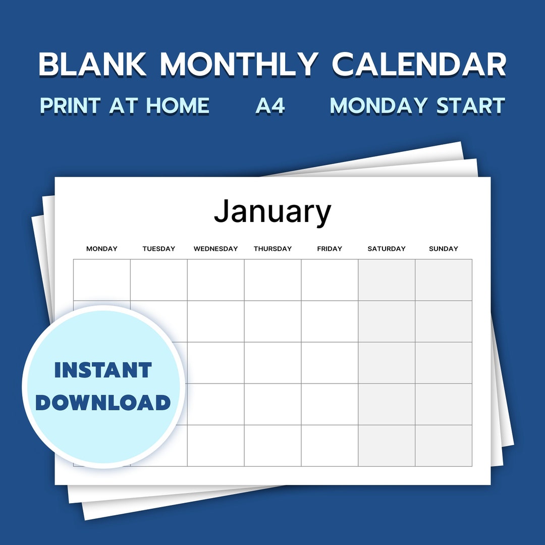Blank Monthly Calendar - Instant Download, Digital PDF to Print at Home ...