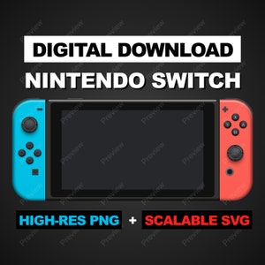 May include: A digital download of a high-resolution PNG and scalable SVG file of a Nintendo Switch console. The console is shown in a black and blue color scheme with a black screen. The text "DIGITAL DOWNLOAD" and "NINTENDO SWITCH" is displayed in white text on a black background.