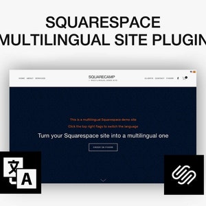 Könnte beinhalten: Ein Screenshot einer Website, die einen dunkelblauen Hintergrund mit dem Text "This is a multilingual Squarespace demo site. Click the top right flags to switch the language." und "Turn your Squarespace site into a multilingual one." zeigt. Die Website zeigt auch ein Logo für Squarespace und einen Button mit der Aufschrift "ORDER ON FIVERR".