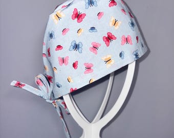 Scrub Cap - Butterfly • Handmade Tie Back Scrub Hat for Nurses Vet Techs Groomers • Pastel Blue Floral • Adjustable Hair Cover Canada