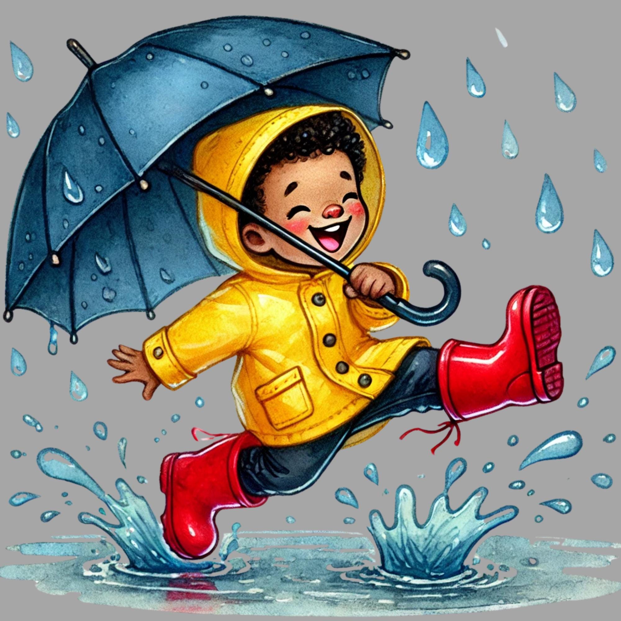 African American Kids Rainy Day Watercolor Clipart digital Download African American Kids Rainy Day Watercolor Clipart digital Download