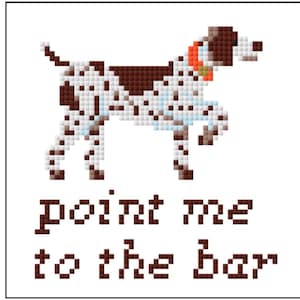May include: A pixelated illustration of a dog with brown spots and a red collar. The dog is in a running pose. Below the dog is the text "point me to the bar" in brown pixelated letters.