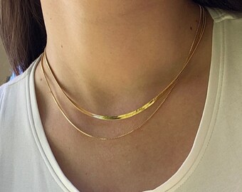 Gold Snake Chain Necklace Set, Flat Snake Chain Necklace, Gold Herringbone Chain Necklace, Gold Necklace Set, Gift For Her