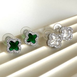 Sterling Silver Four Leaf Clover Stud Earrings: Cubic Zirconia