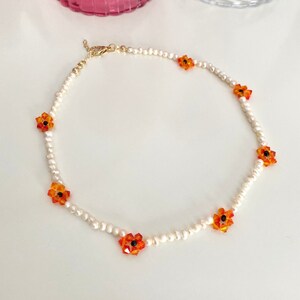 Freshwater Pearl Beaded Flower Necklace, Daisy Flower Necklace, Dainty Beaded Choker, Seed Bead Choker, Simple Beaded Necklace, Gift For Her