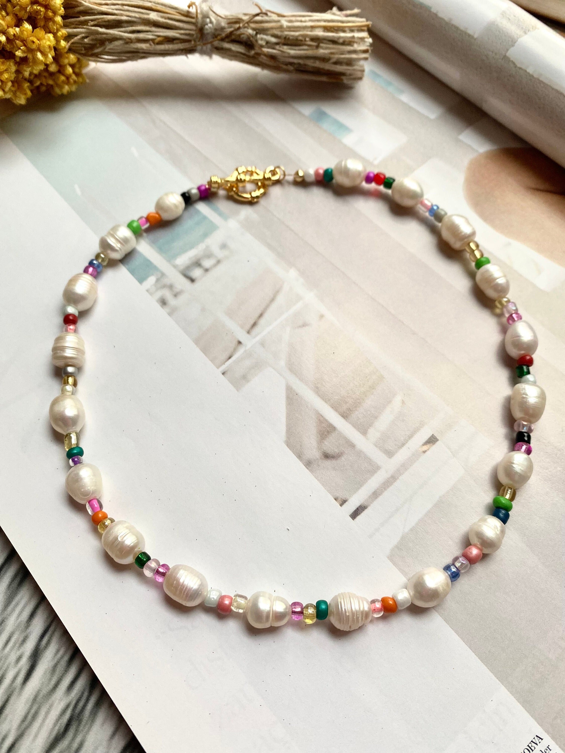 Rainbow Beads with Real Freshwater Pearl Necklace, Baroque Pearl Necklace, Dainty Pearl Necklace, Seed Bead Choker, Gift For Her