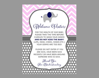 Pink Girls Welcome Visitors New Baby Delivery No Kissing Wash Hands Signage 8.5x11 Digital Printable