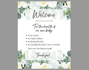 White Roses Welcome Visitors New Baby No Kissing Wash Hands Signage 8.5x11 Digital Printable