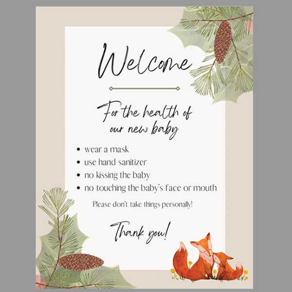 Fox Nature Woodland Welcome Visitors New Baby No Kissing Wash Hands Signage 8.5x11 Digital Printable