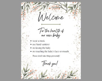 Pink Greenery Welcome Visitors New Baby No Kissing Wash Hands Signage 8.5x11 Digital Printable