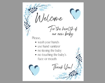 Blue Floral Boys Baby Welcome Visitors New Baby Delivery No Kissing Wash Hands Signage 8.5x11 Digital Printable
