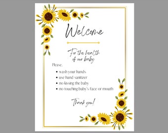 Sunflower Baby Welcome Visitors New Baby Delivery No Kissing Wash Hands Signage 8.5x11 Digital Printable