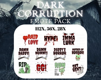 Può includere: Un set di 12 emoji digitali con un tema oscuro e spettrale. Le emoji includono testo come "Raid Love", "Hyper", "Imma Lurk", "Damn Daddy", "Damn Mommy", "Daddy's Horror", "Mother of Horror", "Rip", "GG", "Run", "Get Rekt".