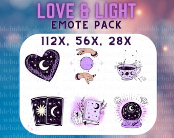 Può includere: Un set di nove illustrazioni digitali con uno schema di colori viola, nero e bianco. Le illustrazioni includono un cuore con una luna crescente, mani che tengono un globo luminoso, una tazza da tè con una luna crescente, due carte dei tarocchi, un libro con una luna crescente e una sfera di cristallo con una luna crescente. Il testo "LOVE & LIGHT EMOTE PACK 112X, 56X, 28X" è visualizzato nella parte superiore dell'immagine.
