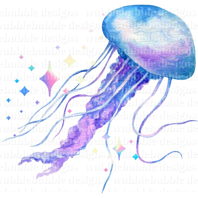 Pu&ograve; includere: Un dipinto ad acquerello di una medusa viola e blu con glitter iridescenti. La medusa ha lunghi tentacoli fluttuanti e un corpo a forma di campana.