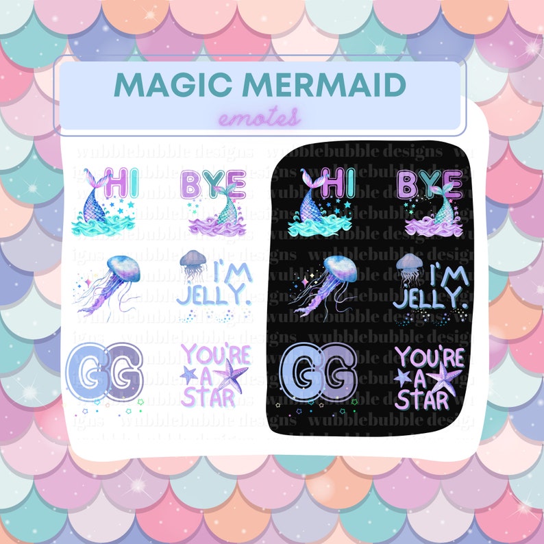 Pu&ograve; includere: Un set di otto adesivi digitali con code di sirena, meduse e testo. Gli adesivi sono su uno sfondo bianco con un bordo nero. Il testo include "Hi", "Bye", "I'm Jelly", "You're a Star" e "GG".