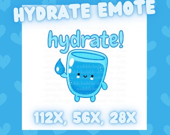 Può includere: Un bicchiere d'acqua blu di cartone animato con un viso sorridente e braccia, che tiene una goccia d'acqua blu. Il testo "hydrate!" è sopra il bicchiere e il testo "112X, 56X, 28X" è sotto il bicchiere.