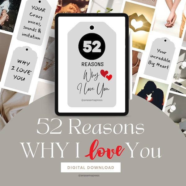 52 Reasons Why I Love You | Instant Digital Download | Romantic Couple Gift Ideas | Print-at-home | Handwritten Font | Sticker Paper Print