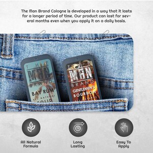 May include: Two rectangular solid cologne containers in a denim pocket. One is labeled "Bay Rum" and the other "Gentlemen's Bourbon". The text "The Man Brand" is visible on both. Icons below indicate "All Natural Formula", "Long Lasting", and "Easy To Apply".