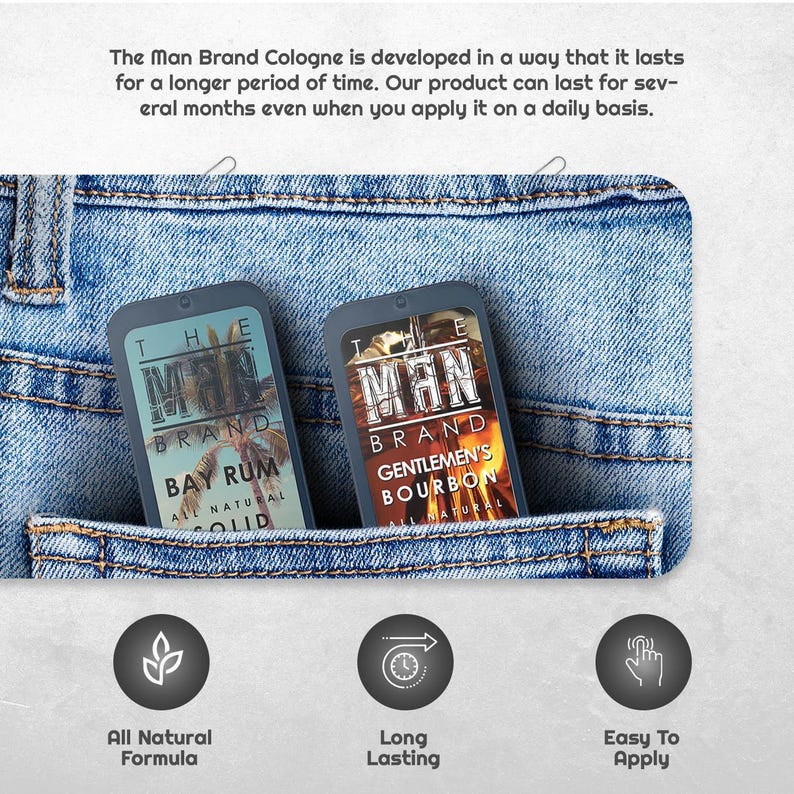 May include: Two rectangular solid cologne containers in a denim pocket. One is labeled "Bay Rum" and the other "Gentlemen's Bourbon". The text "The Man Brand" is visible on both. Icons below indicate "All Natural Formula", "Long Lasting", and "Easy To Apply".