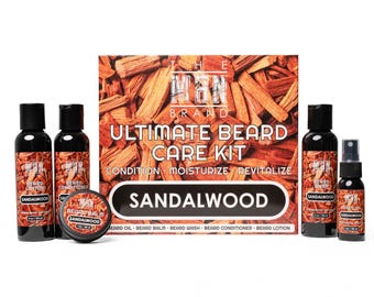 Kit definitivo para barba de sándalo: aceite para barba de sándalo, champú para barba, acondicionador para barba, bálsamo para barba y loción para barba.