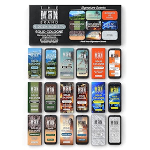 May include: A 9-pack variety set of The Man Brand solid cologne in a black rectangular box. Each of the nine individual tins contains 0.75 oz of product. The scents include Aspen, Bay Rum, Business As Usual, Cedarwood Blend, Gentlemen's Bourbon, Life of the Party, Lumberjack, Mystery Man, and Steel.