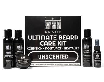 Unscented Ultimate Beard Kit - Fragrance free beard oil, beard wash, beard conditioner, beard balm, and beard lotion