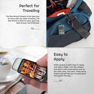 May include: A solid cologne in a small, rectangular container with the text "Man Brand" and "Bourbon" visible. The cologne is shown next to a blue gym bag. The text says it's perfect for traveling.