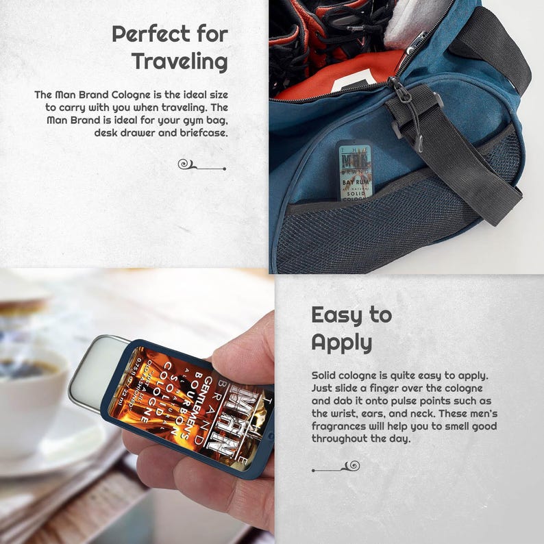 May include: A solid cologne in a small, rectangular container with the text "Man Brand" and "Bourbon" visible. The cologne is shown next to a blue gym bag. The text says it's perfect for traveling.
