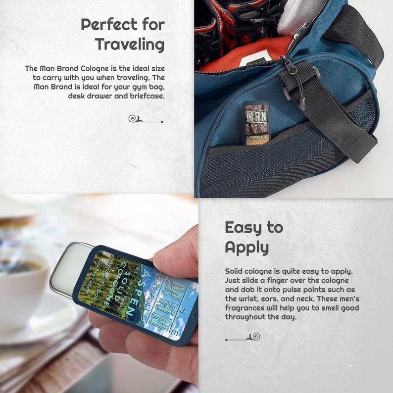 Puede incluir: Un peque&ntilde;o recipiente rectangular de colonia s&oacute;lida con el texto "ASPEN" y "SOLID COLOGNE". La colonia se sostiene cerca de una bolsa de lona azul con una correa negra. La imagen tambi&eacute;n incluye el texto "Perfect for Traveling".